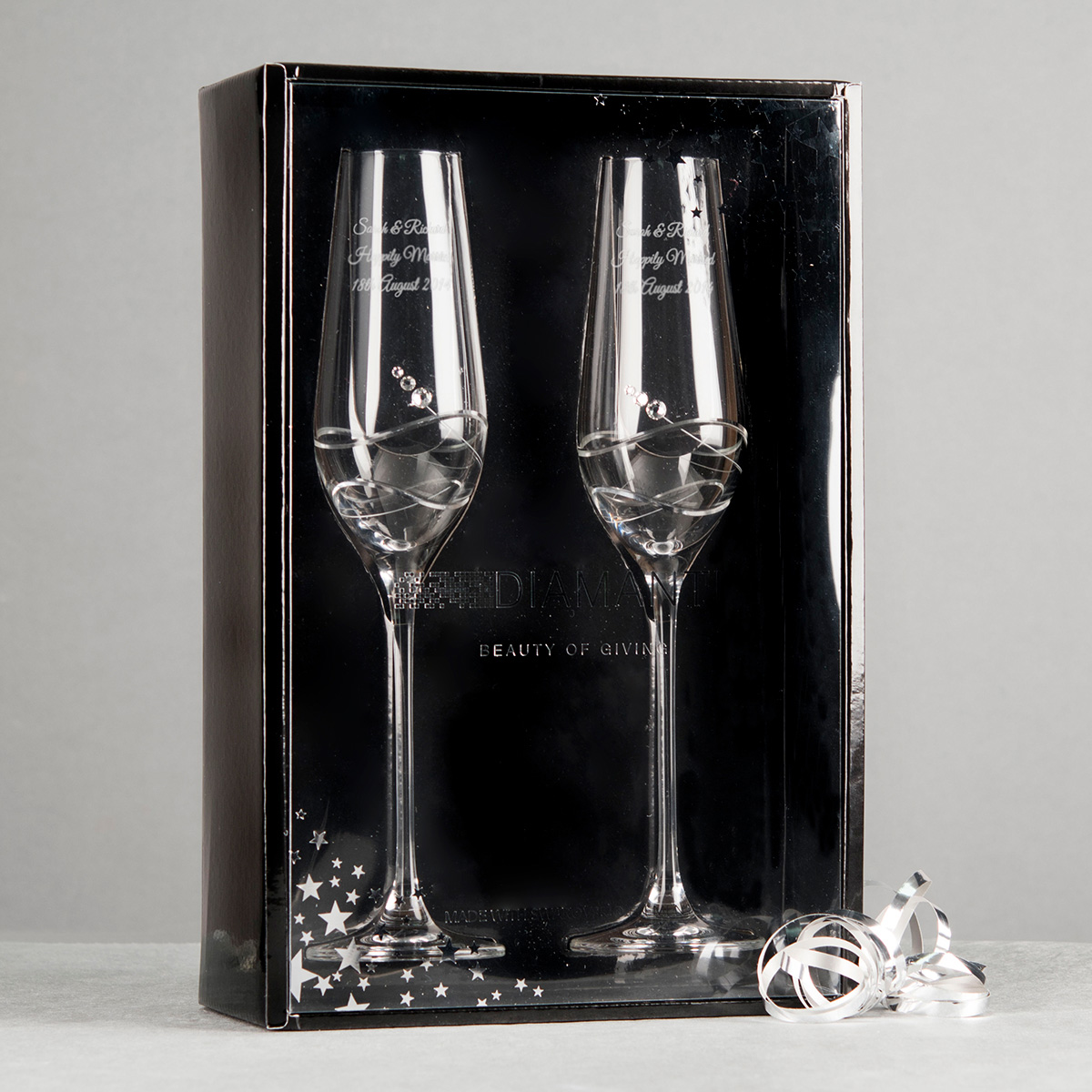 Engraved Set Of Two Champagne Flutes Embellished with Crystals - Swirls