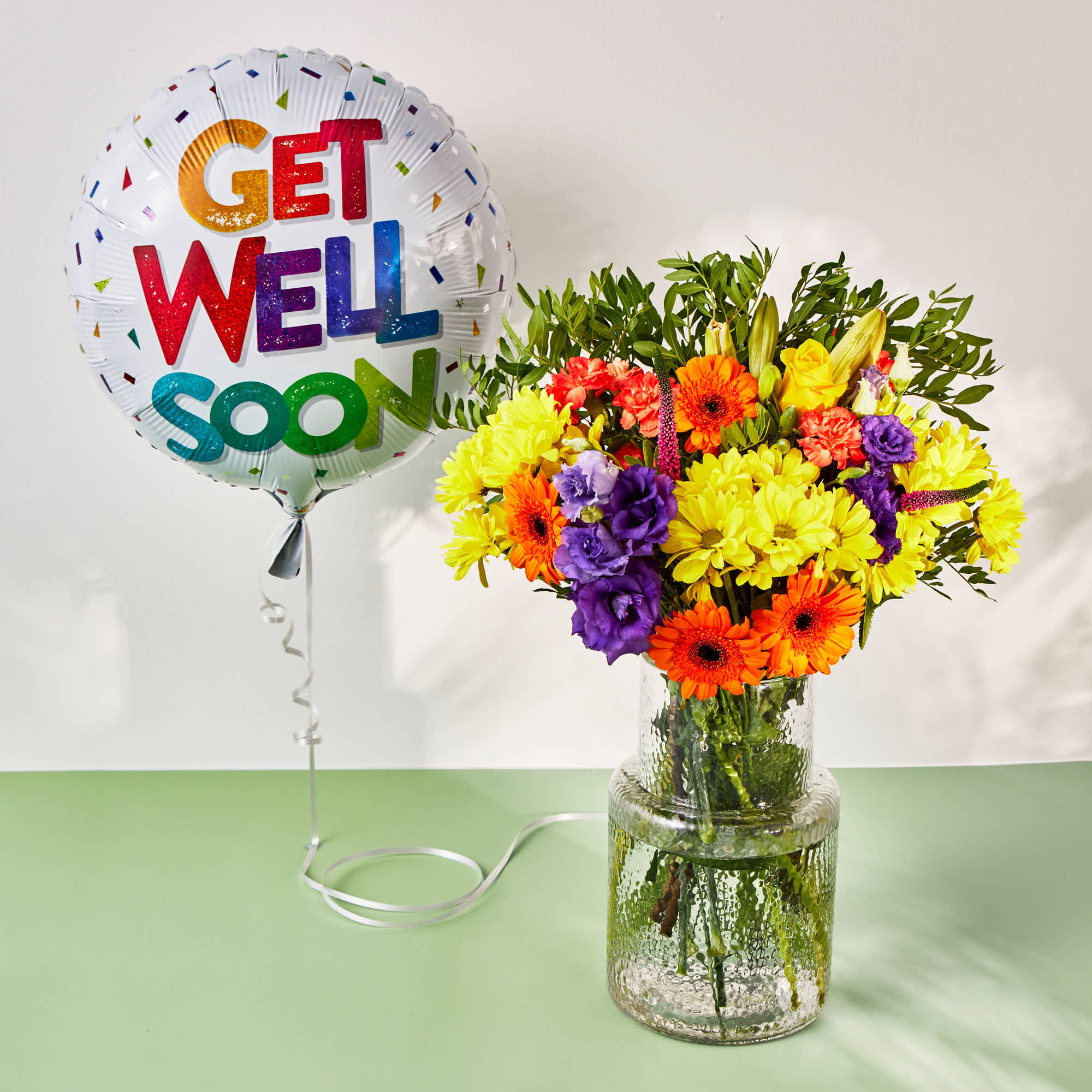 Get Well Soon Balloon & Country Daze Flower Bouquet