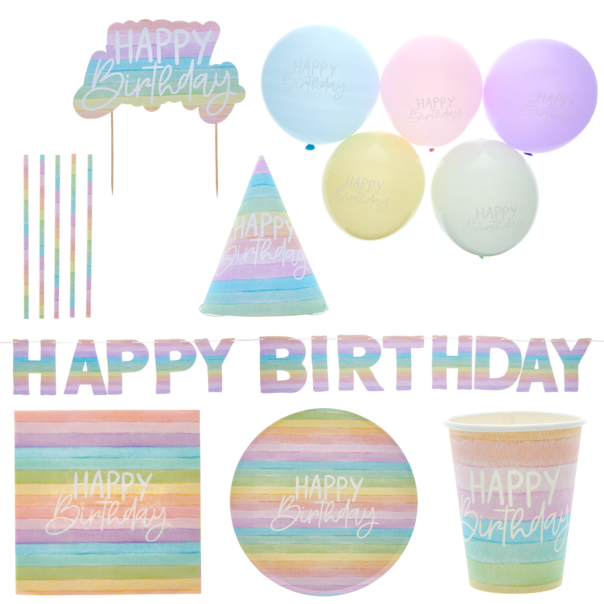 Eco Rainbow Birthday Party Tableware & Decorations Bundle - 8 Guests