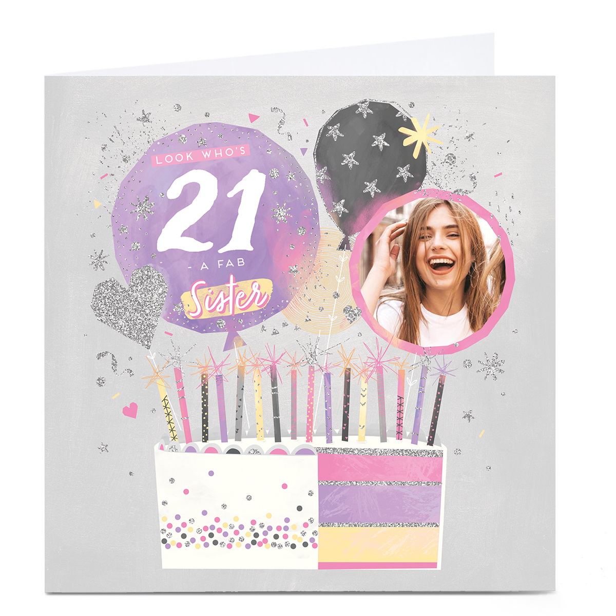 Photo 21st Birthday Card - Pastel Cake, Sister, Editable Age