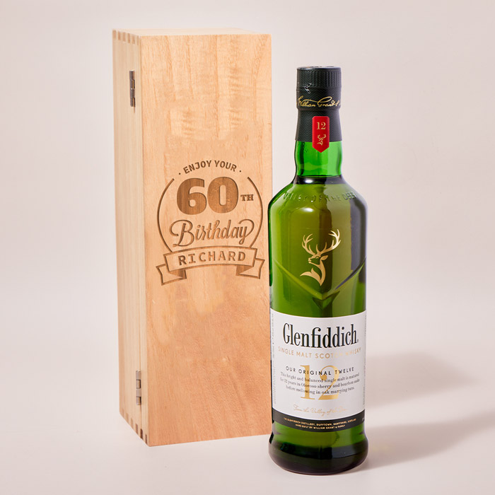 Personalised Glenfiddich Wooden Whisky Gift Box - Enjoy Your 60th Birthday