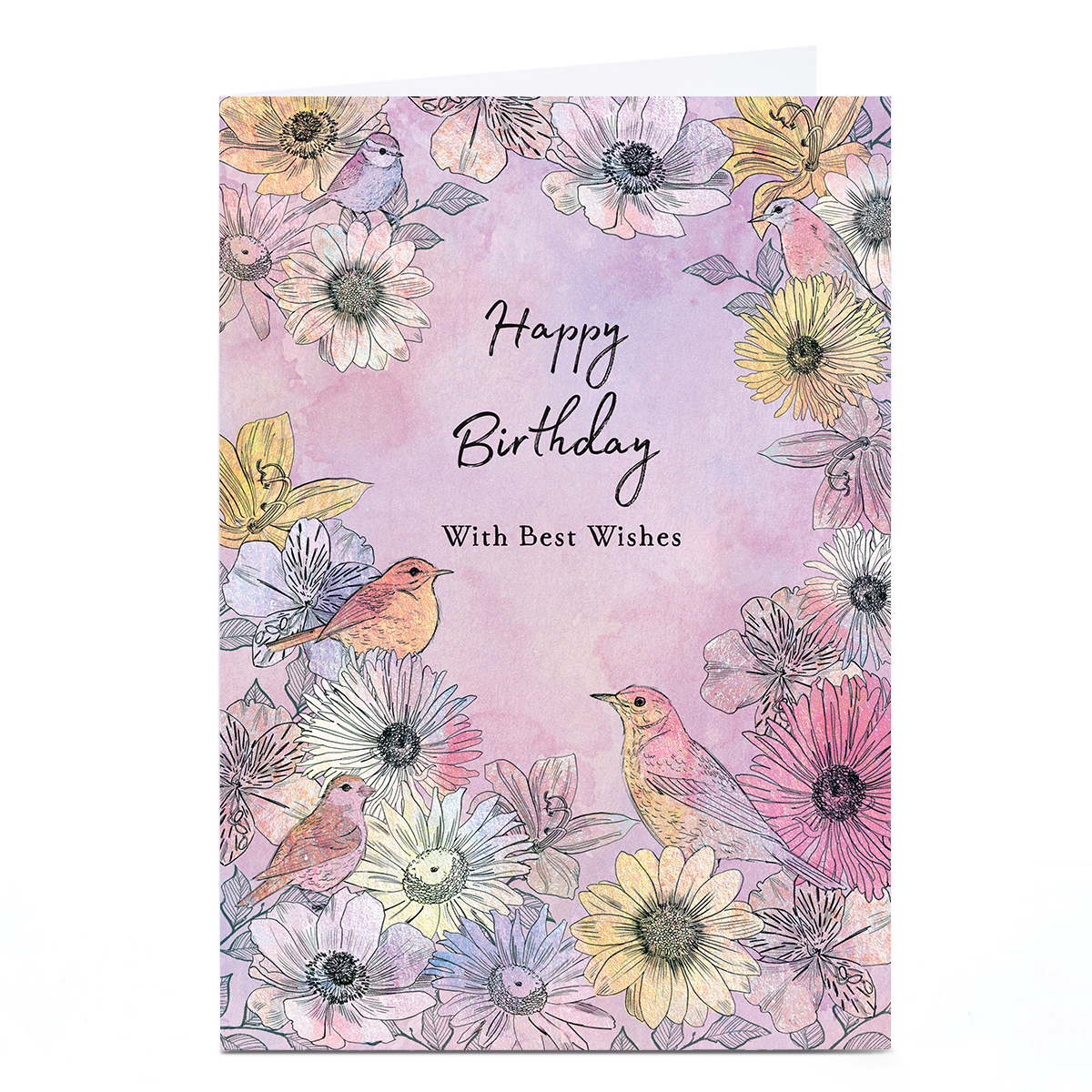 Personalised Birthday Card - Purples and Pinks Flowers and Birds