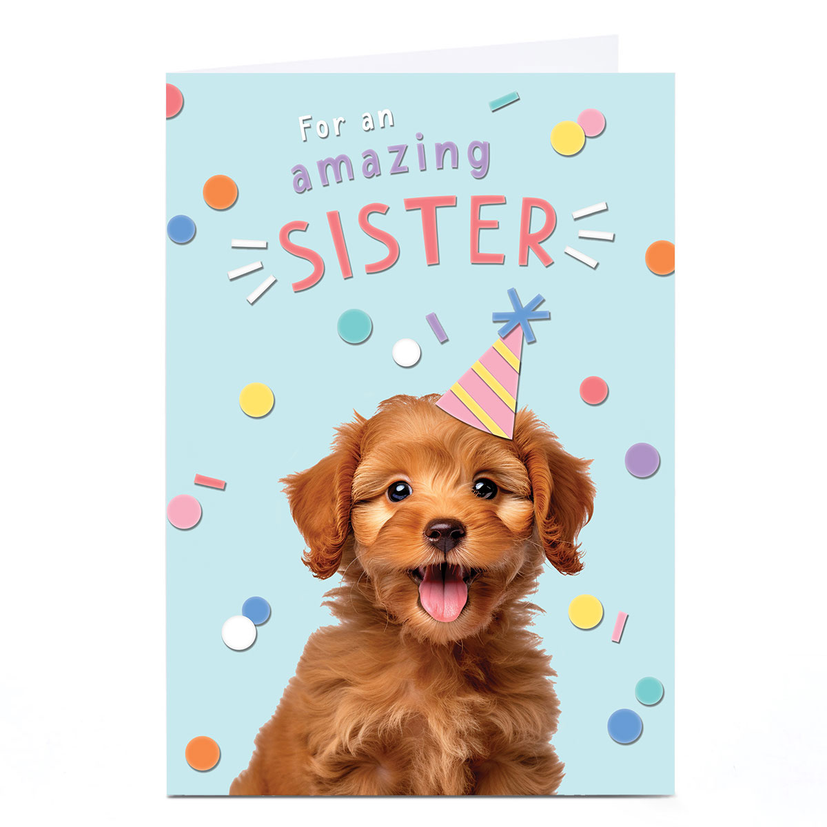 Personalised Birthday Card - Puppy in Party Hat, Sister