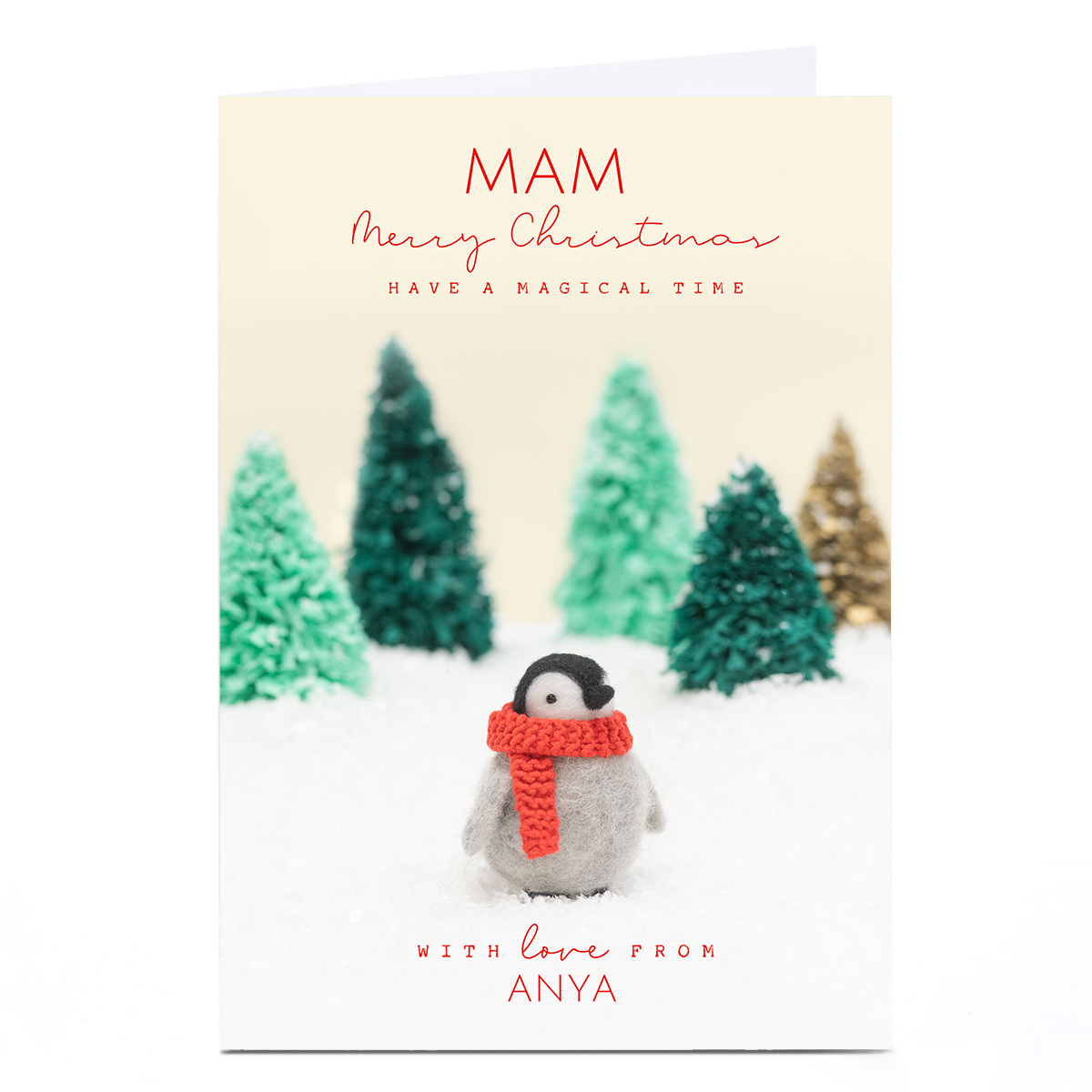 Personalised Lemon and Sugar Christmas Card - Fuzzy Penguin in Scarf, Mam