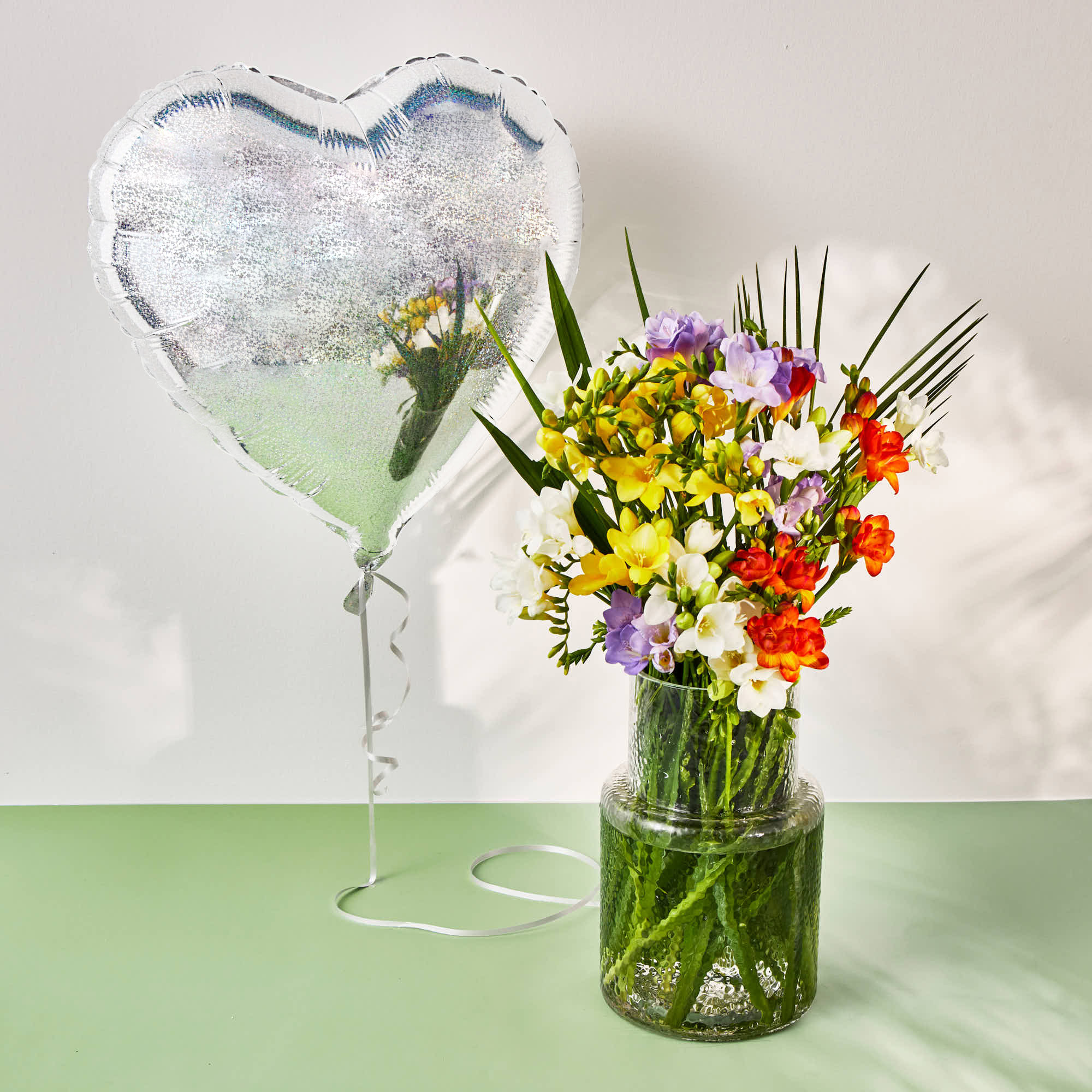 Silver Heart Balloon & Just Freesias Flower Bouquet