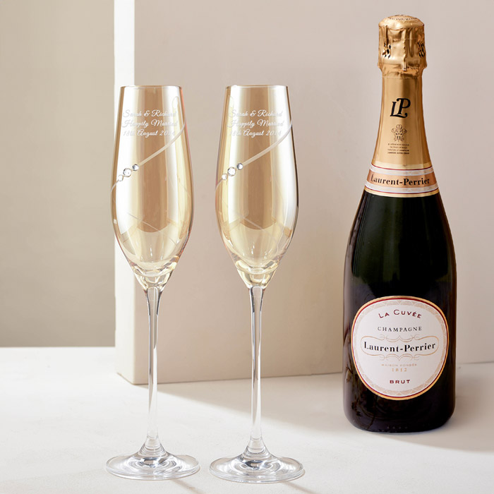 Engraved Set of Two Amber Champagne Flutes embellished with Crystals -  Includes Laurent Perrier Champagne