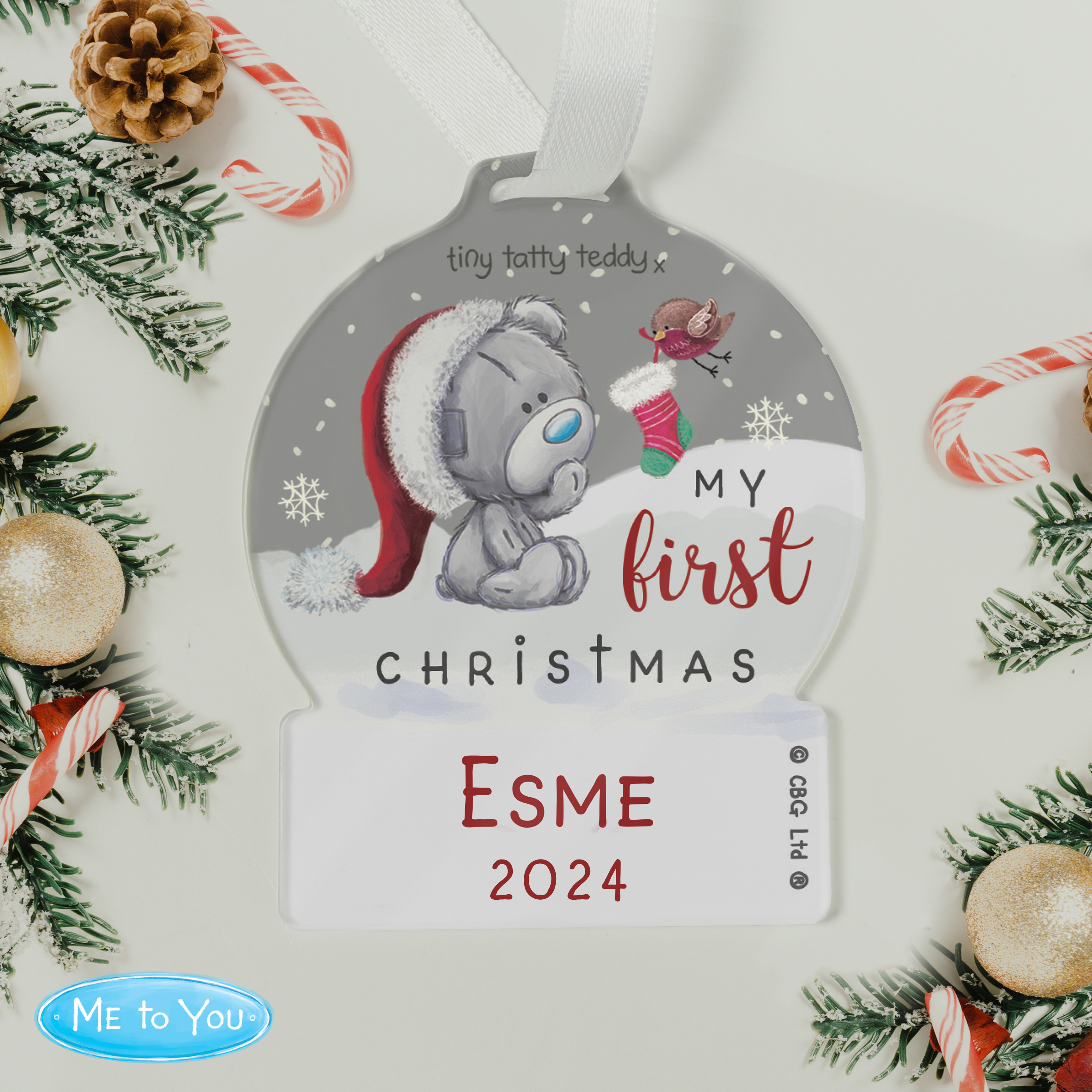 Personalised First Christmas Tiny Tatty Teddy Acrylic Decoration