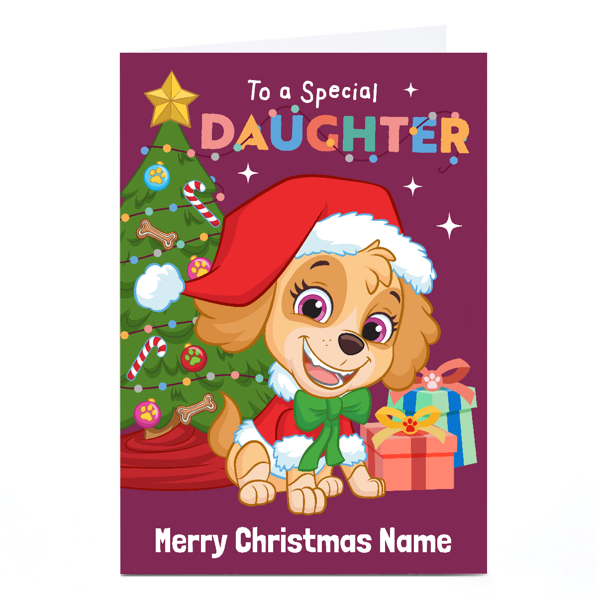 Personalised Paw Patrol Christmas Card - Skye Tree and Presents, Daughter