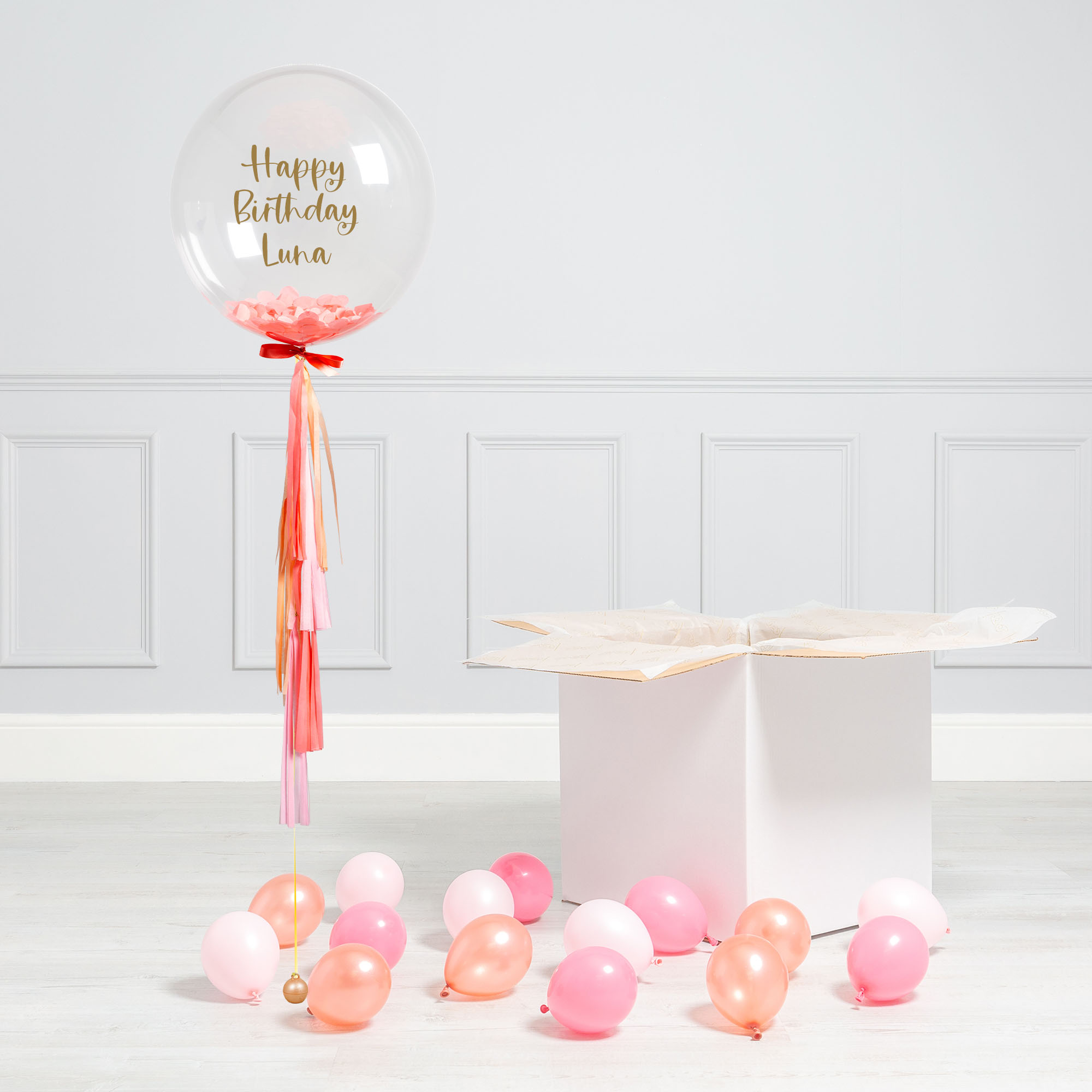 Personalised Peach Confetti Tassel Bubblegum Balloon & Minis - DELIVERED INFLATED!