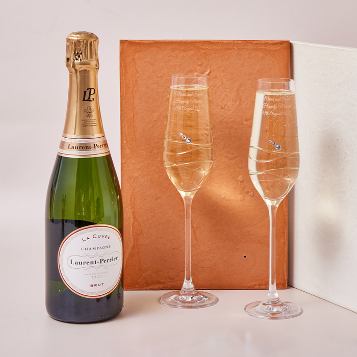 Engraved Set Of Two Champagne Flutes embellished with Crystals - includes Laurent Perrier Champagne - Swirls