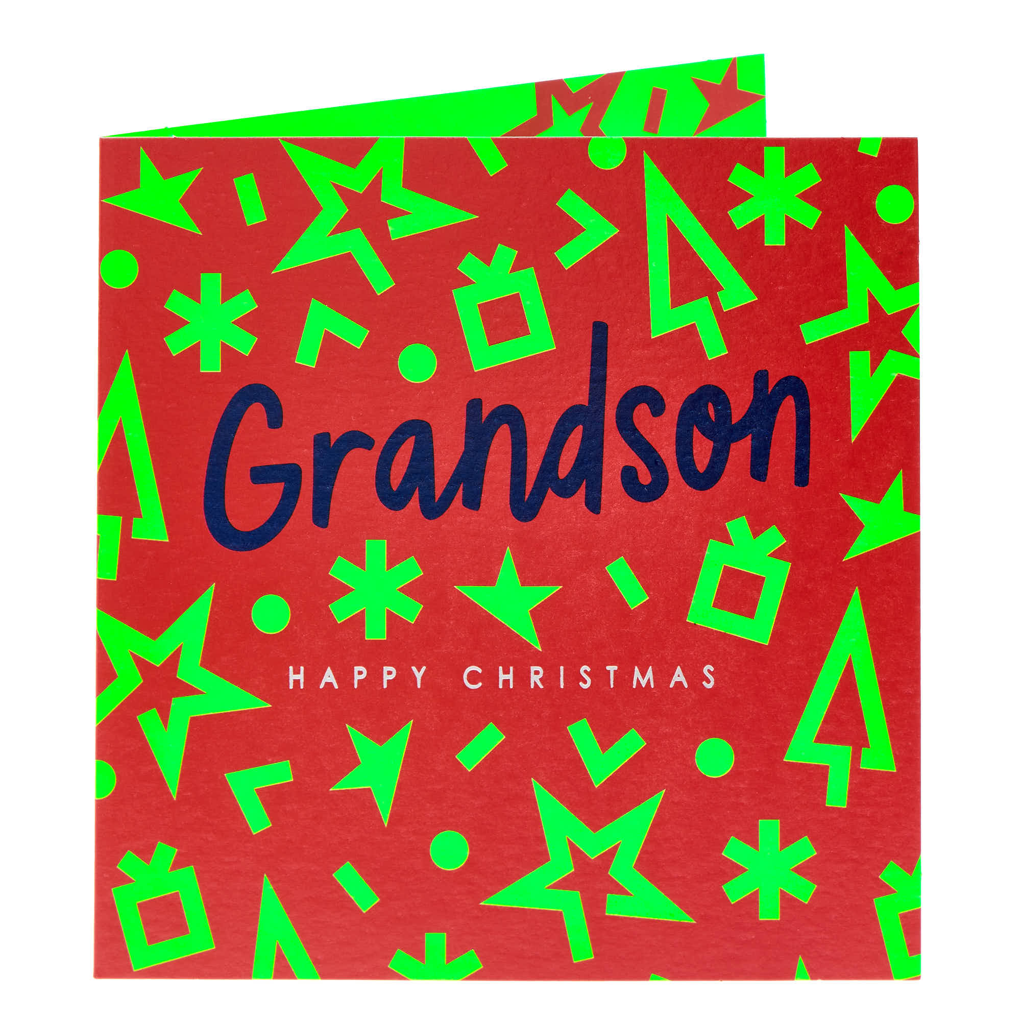 Grandson Neon Stars & Trees Christmas Card