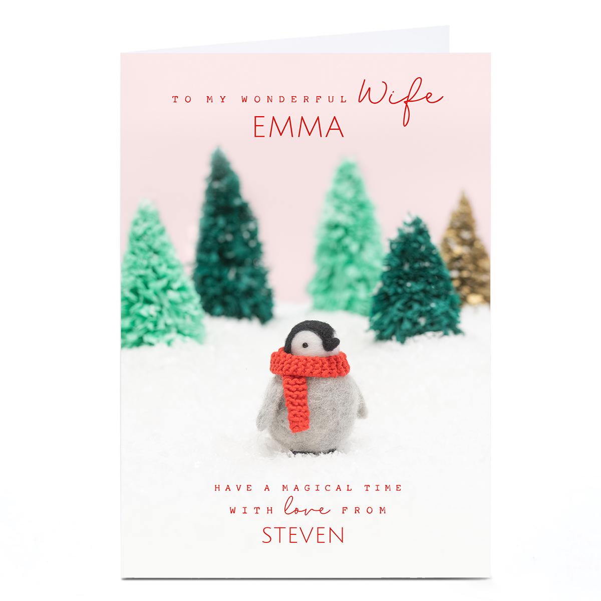 Personalised Lemon and Sugar Christmas Card - Fuzzy Penguin in Scarf, Wife