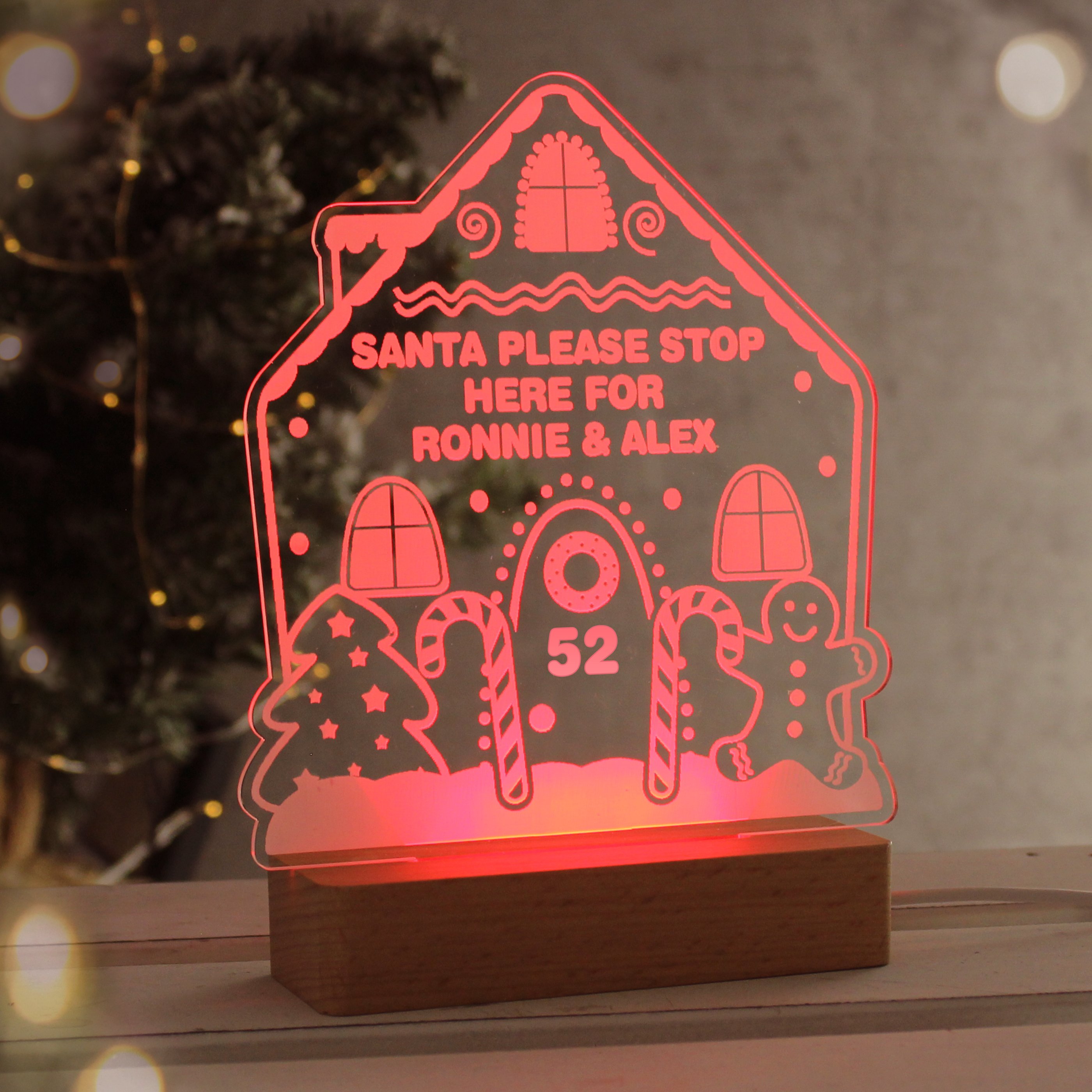 Personalised Gingerbread House Wooden Base LED Christmas Light