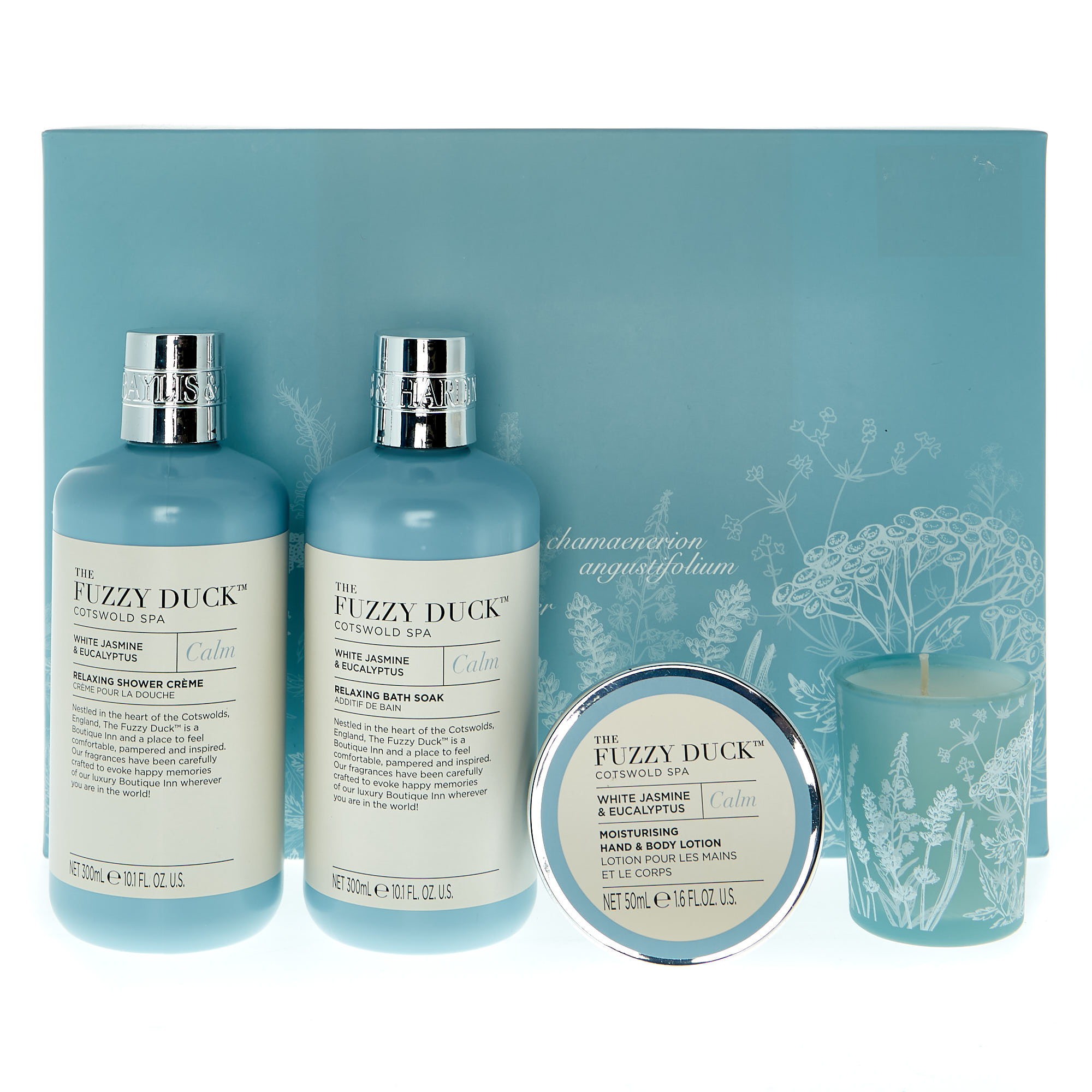 The Fuzzy Duck Cotswold Spa White Jasmine & Eucalyptus Luxury Candlelit Bathtime Set