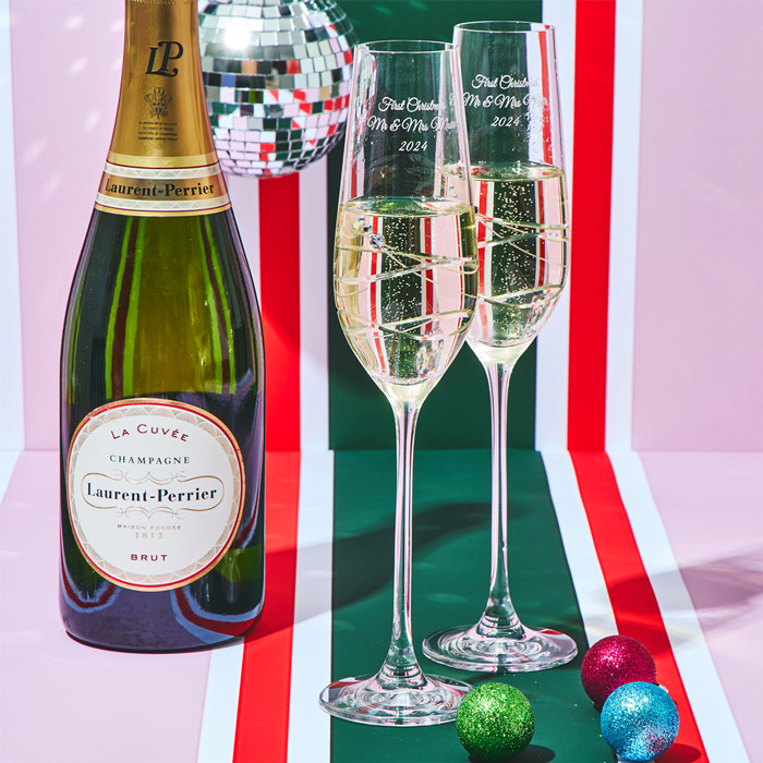 Engraved Set Of Two Champagne Flutes embellished with Crystals - includes Laurent Perrier Champagne - Swirls