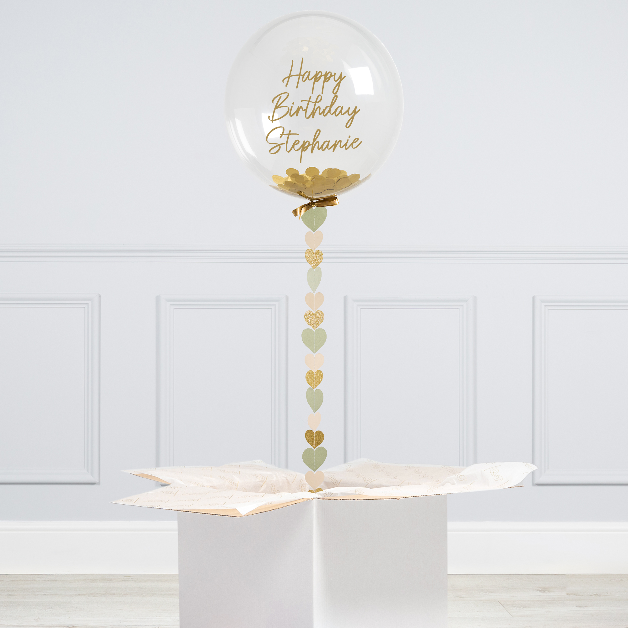 Personalised 20-Inch Bubblegum Confetti Balloon With Sage Hearts - DELIVERED INFLATED!