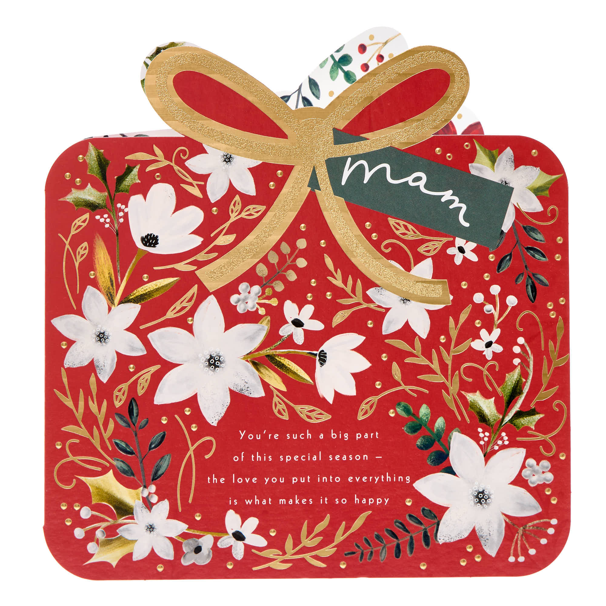 Mam White Poinsettia Present Christmas Card