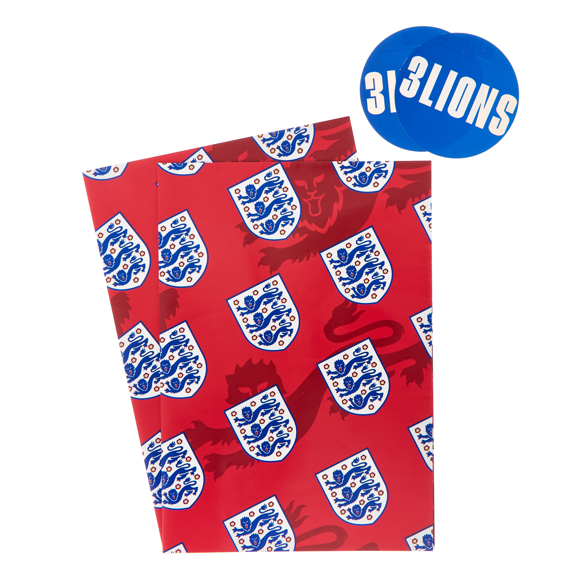 England Football 3 Lions Wrapping Paper - 2 Sheets & 2 Tags