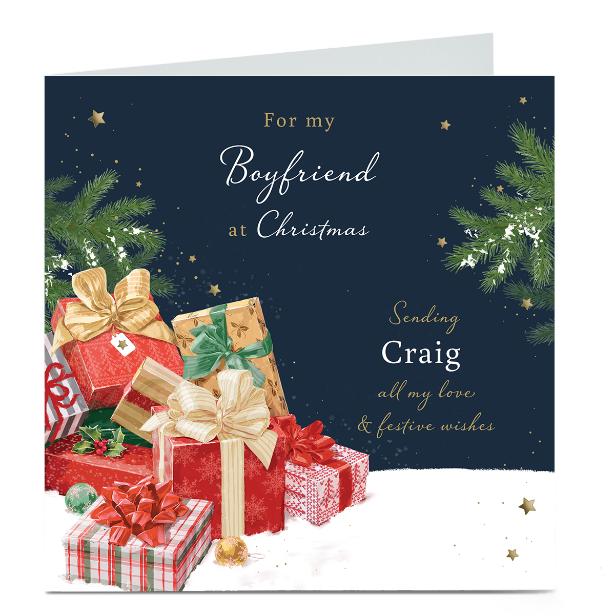 Personalised Christmas Card - Presents in The Snow, Boyfriend