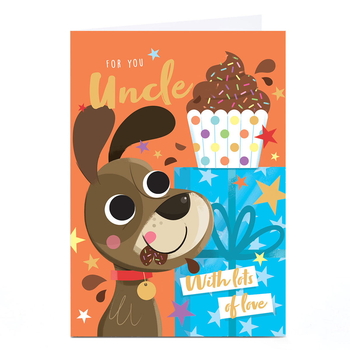 Personalised Birthday Card - Dog Cupcake and Present, Uncle