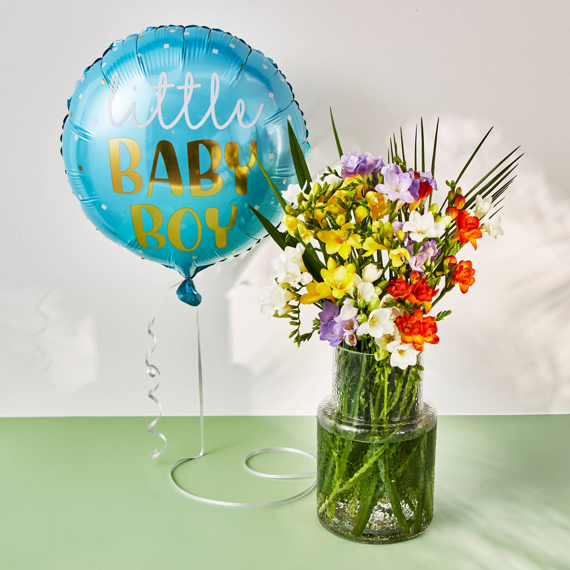 Baby Boy Balloon & Just Freesias Flower Bouquet