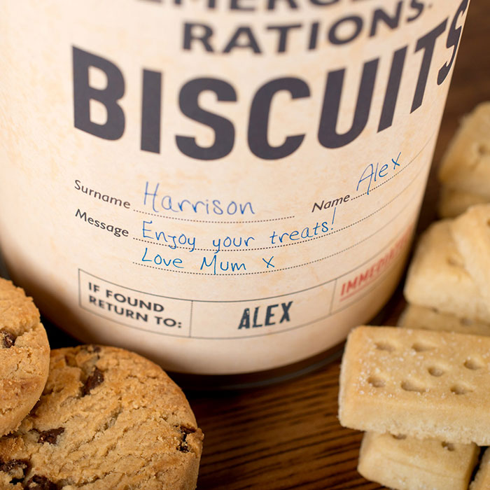 Personalised Tin With Biscuits - Emergency Rations Biscuits